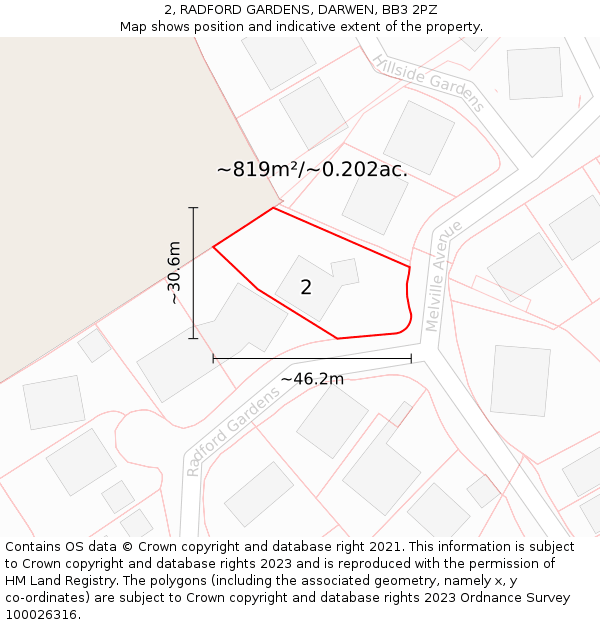 2, RADFORD GARDENS, DARWEN, BB3 2PZ: Plot and title map
