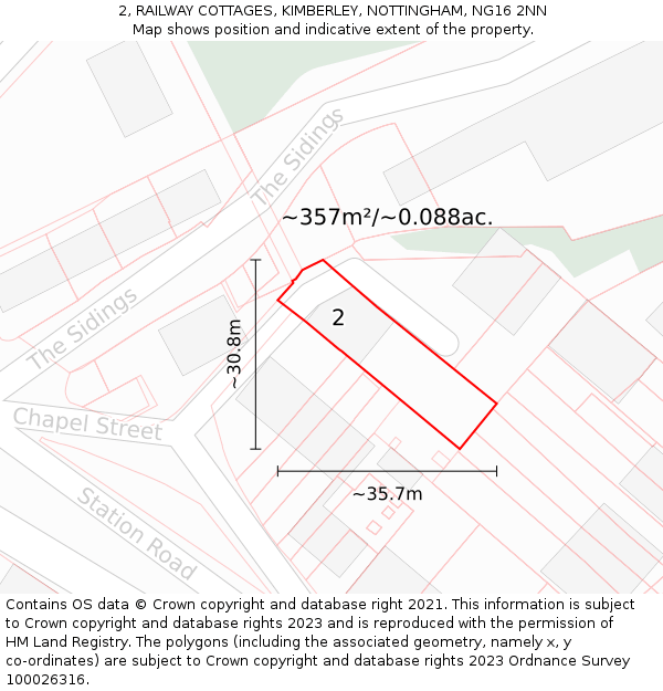 2, RAILWAY COTTAGES, KIMBERLEY, NOTTINGHAM, NG16 2NN: Plot and title map