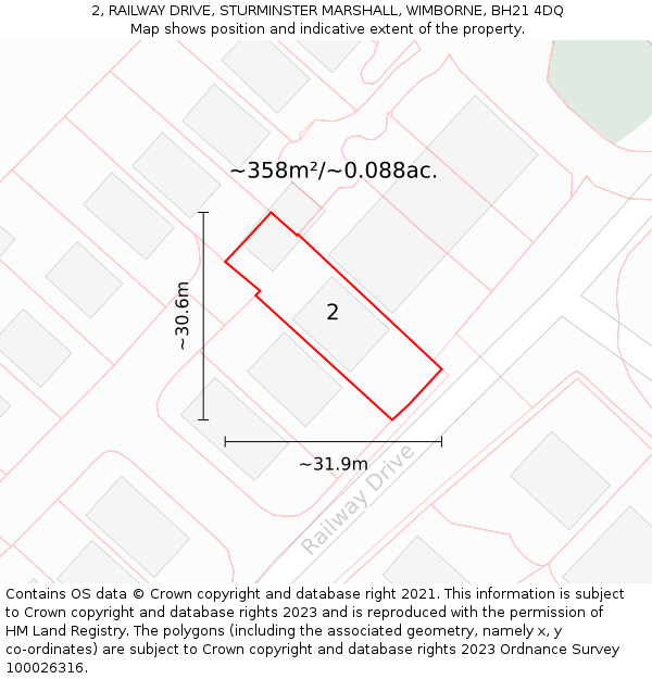 2, RAILWAY DRIVE, STURMINSTER MARSHALL, WIMBORNE, BH21 4DQ: Plot and title map