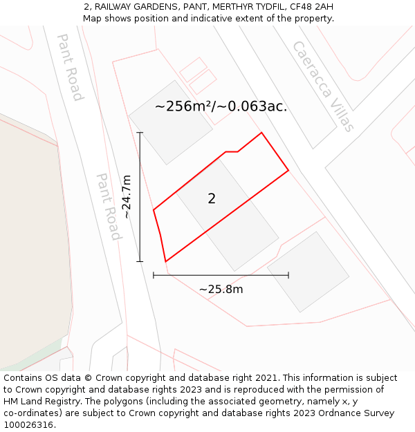 2, RAILWAY GARDENS, PANT, MERTHYR TYDFIL, CF48 2AH: Plot and title map