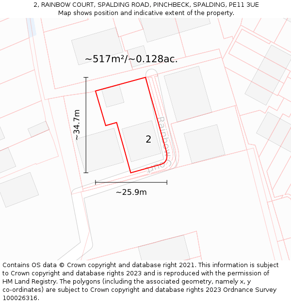 2, RAINBOW COURT, SPALDING ROAD, PINCHBECK, SPALDING, PE11 3UE: Plot and title map