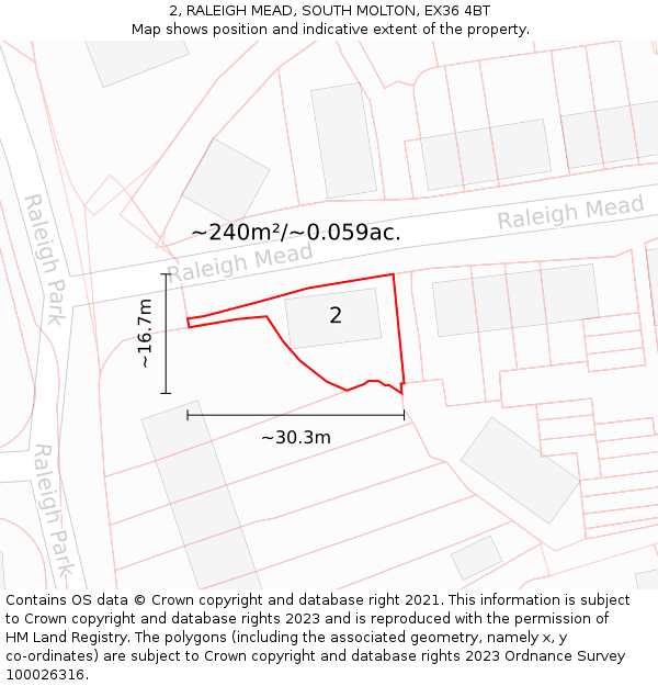 2, RALEIGH MEAD, SOUTH MOLTON, EX36 4BT: Plot and title map