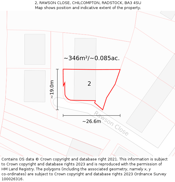 2, RAWSON CLOSE, CHILCOMPTON, RADSTOCK, BA3 4SU: Plot and title map