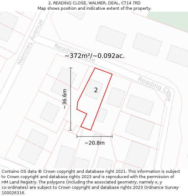 2, READING CLOSE, WALMER, DEAL, CT14 7RD: Plot and title map