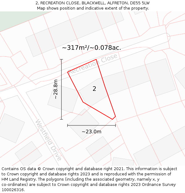 2, RECREATION CLOSE, BLACKWELL, ALFRETON, DE55 5LW: Plot and title map