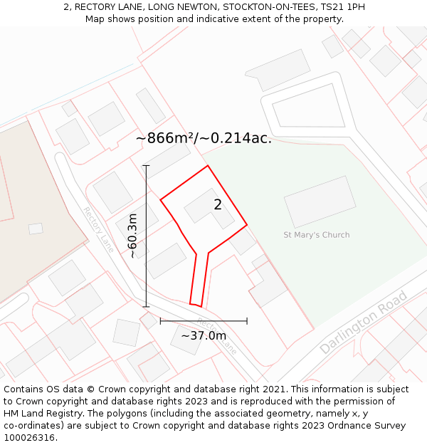 2, RECTORY LANE, LONG NEWTON, STOCKTON-ON-TEES, TS21 1PH: Plot and title map