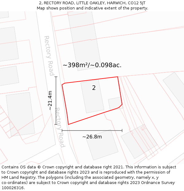2, RECTORY ROAD, LITTLE OAKLEY, HARWICH, CO12 5JT: Plot and title map