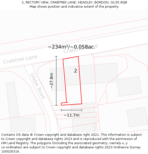 2, RECTORY VIEW, CRABTREE LANE, HEADLEY, BORDON, GU35 8QB: Plot and title map