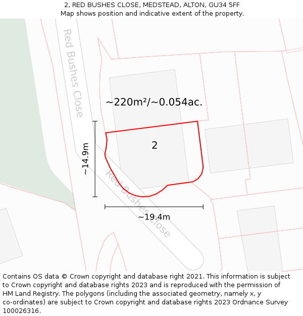 2, RED BUSHES CLOSE, MEDSTEAD, ALTON, GU34 5FF: Plot and title map