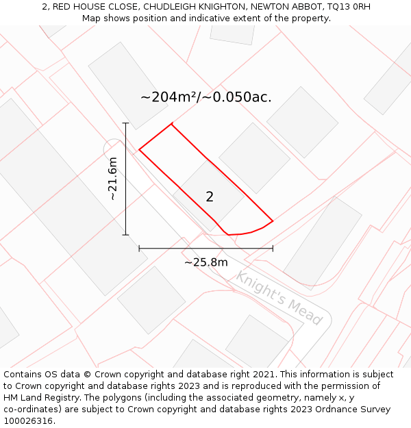 2, RED HOUSE CLOSE, CHUDLEIGH KNIGHTON, NEWTON ABBOT, TQ13 0RH: Plot and title map
