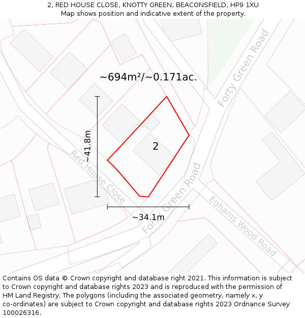 2, RED HOUSE CLOSE, KNOTTY GREEN, BEACONSFIELD, HP9 1XU: Plot and title map