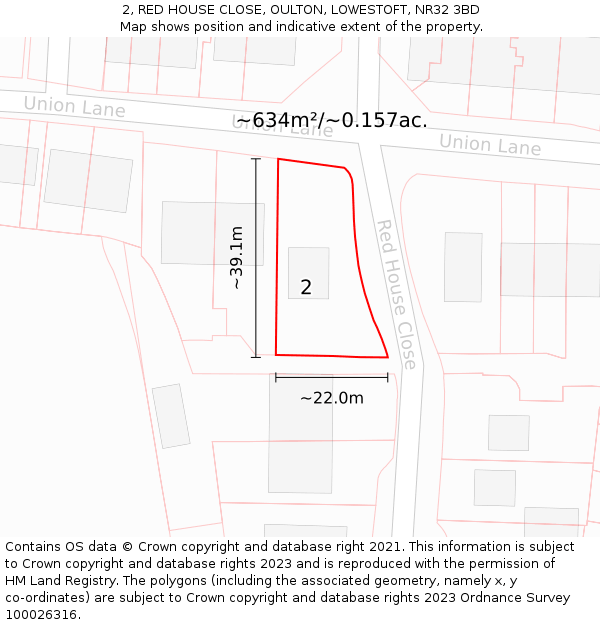 2, RED HOUSE CLOSE, OULTON, LOWESTOFT, NR32 3BD: Plot and title map