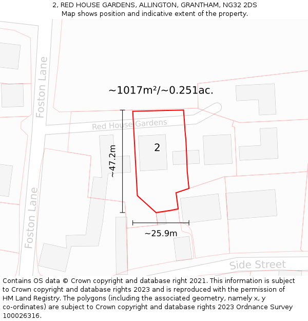 2, RED HOUSE GARDENS, ALLINGTON, GRANTHAM, NG32 2DS: Plot and title map