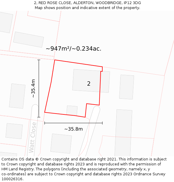 2, RED ROSE CLOSE, ALDERTON, WOODBRIDGE, IP12 3DG: Plot and title map