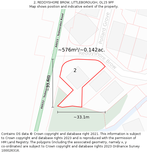 2, REDDYSHORE BROW, LITTLEBOROUGH, OL15 9PF: Plot and title map