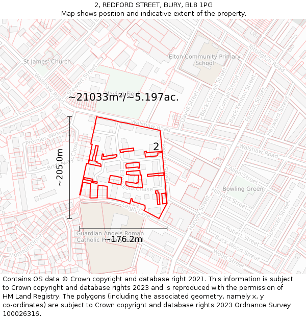 2, REDFORD STREET, BURY, BL8 1PG: Plot and title map