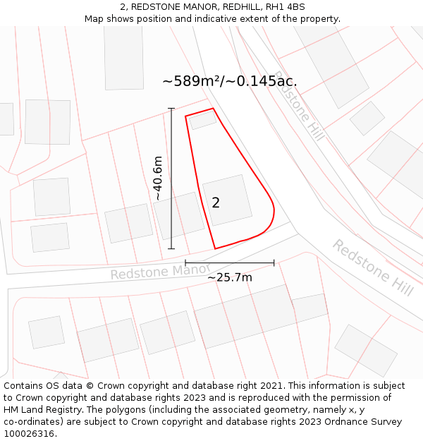 2, REDSTONE MANOR, REDHILL, RH1 4BS: Plot and title map