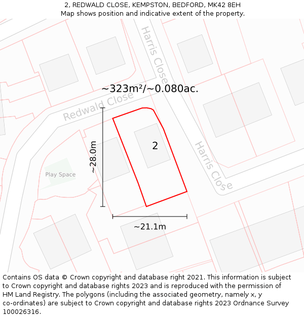 2, REDWALD CLOSE, KEMPSTON, BEDFORD, MK42 8EH: Plot and title map