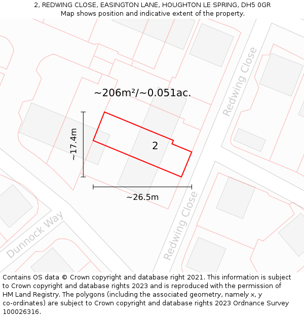 2, REDWING CLOSE, EASINGTON LANE, HOUGHTON LE SPRING, DH5 0GR: Plot and title map