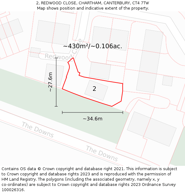 2, REDWOOD CLOSE, CHARTHAM, CANTERBURY, CT4 7TW: Plot and title map