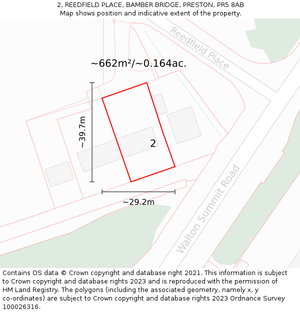 2, REEDFIELD PLACE, BAMBER BRIDGE, PRESTON, PR5 8AB: Plot and title map