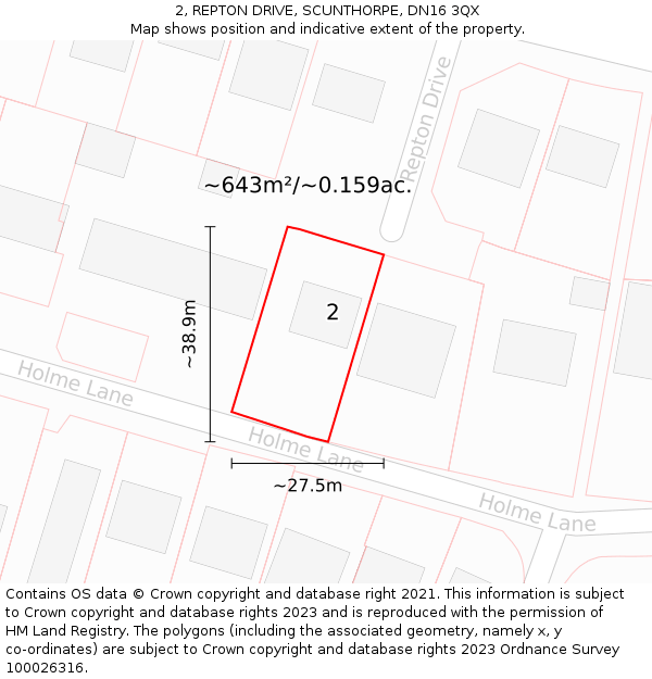 2, REPTON DRIVE, SCUNTHORPE, DN16 3QX: Plot and title map
