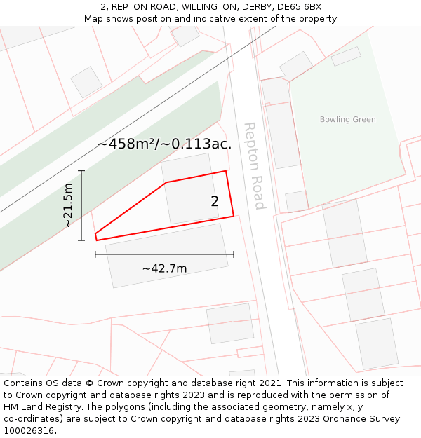 2, REPTON ROAD, WILLINGTON, DERBY, DE65 6BX: Plot and title map
