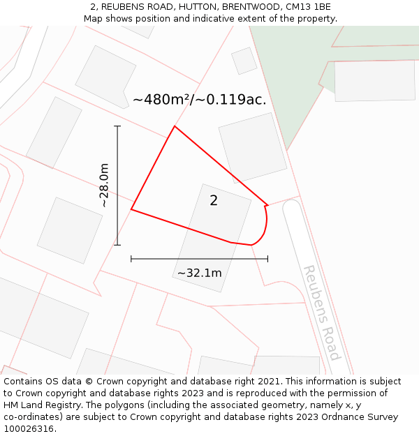 2, REUBENS ROAD, HUTTON, BRENTWOOD, CM13 1BE: Plot and title map