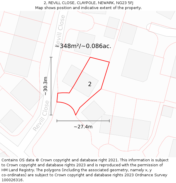2, REVILL CLOSE, CLAYPOLE, NEWARK, NG23 5FJ: Plot and title map