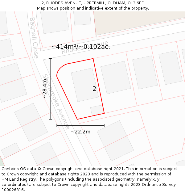 2, RHODES AVENUE, UPPERMILL, OLDHAM, OL3 6ED: Plot and title map
