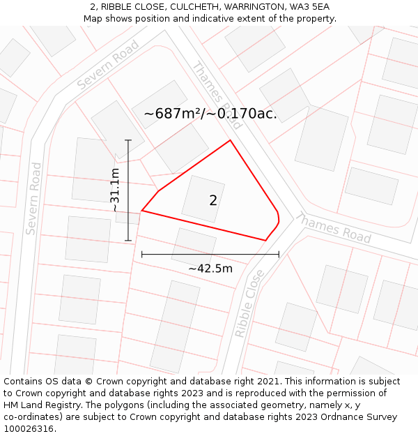 2, RIBBLE CLOSE, CULCHETH, WARRINGTON, WA3 5EA: Plot and title map