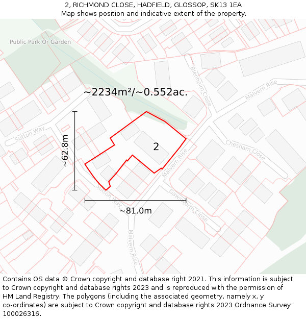 2, RICHMOND CLOSE, HADFIELD, GLOSSOP, SK13 1EA: Plot and title map