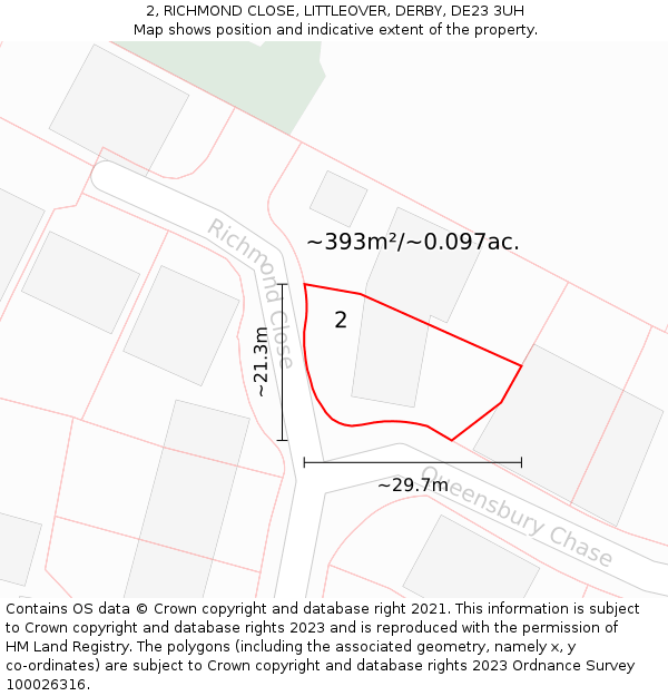 2, RICHMOND CLOSE, LITTLEOVER, DERBY, DE23 3UH: Plot and title map