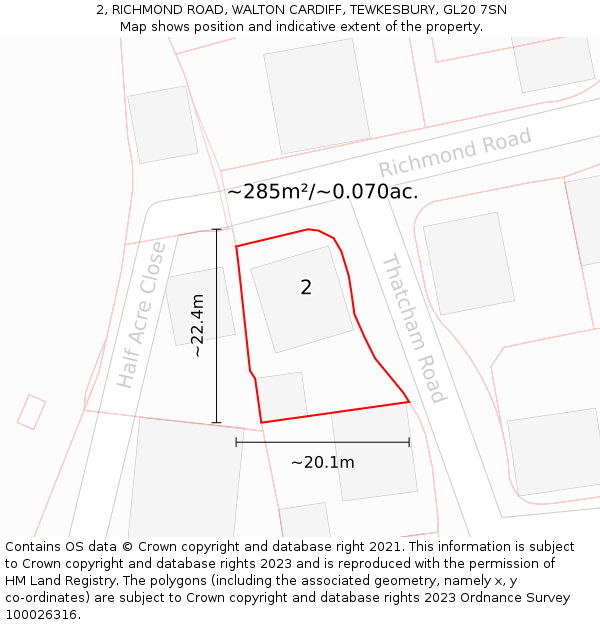 2, RICHMOND ROAD, WALTON CARDIFF, TEWKESBURY, GL20 7SN: Plot and title map