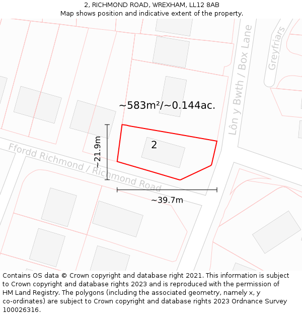 2, RICHMOND ROAD, WREXHAM, LL12 8AB: Plot and title map