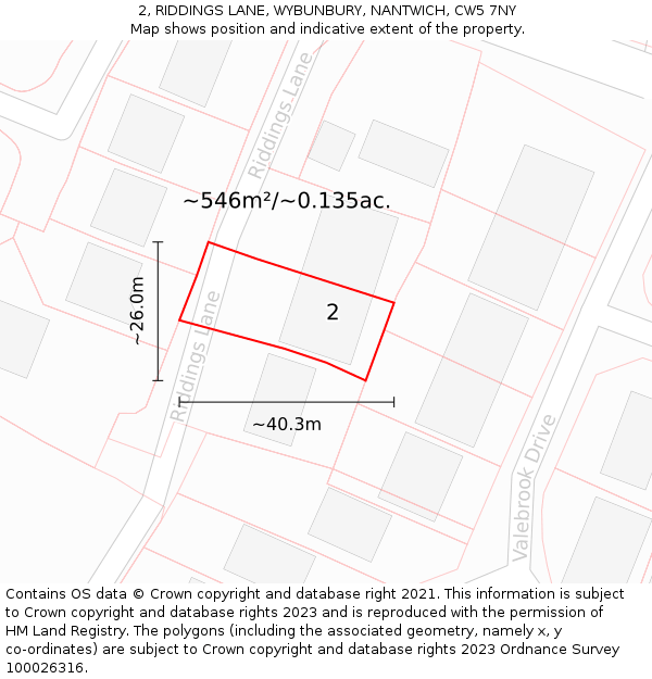 2, RIDDINGS LANE, WYBUNBURY, NANTWICH, CW5 7NY: Plot and title map