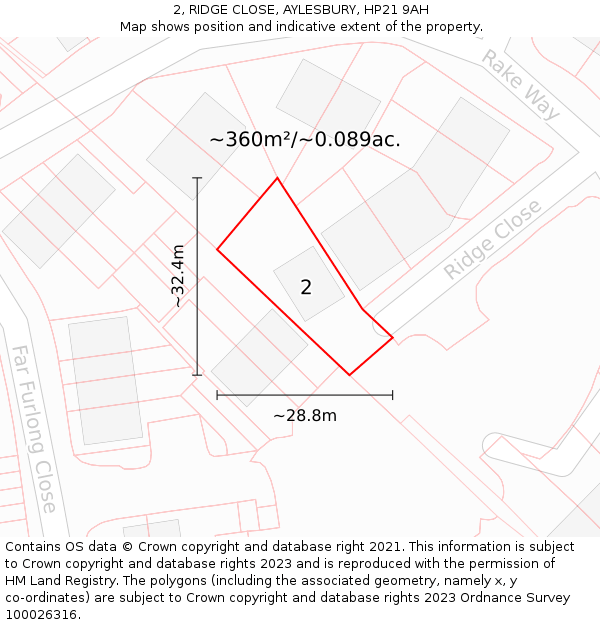 2, RIDGE CLOSE, AYLESBURY, HP21 9AH: Plot and title map