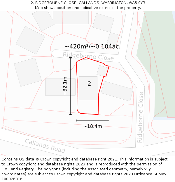 2, RIDGEBOURNE CLOSE, CALLANDS, WARRINGTON, WA5 9YB: Plot and title map