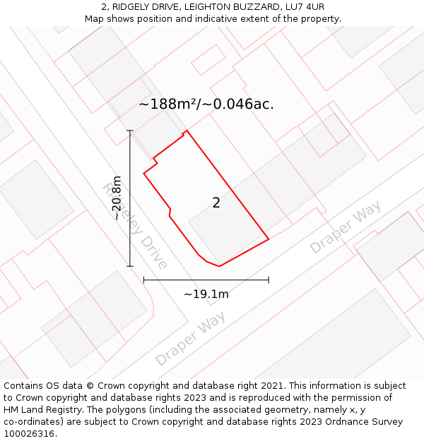 2, RIDGELY DRIVE, LEIGHTON BUZZARD, LU7 4UR: Plot and title map