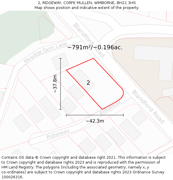2, RIDGEWAY, CORFE MULLEN, WIMBORNE, BH21 3HS: Plot and title map