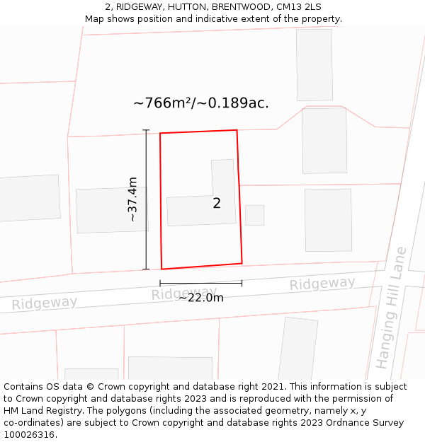 2, RIDGEWAY, HUTTON, BRENTWOOD, CM13 2LS: Plot and title map