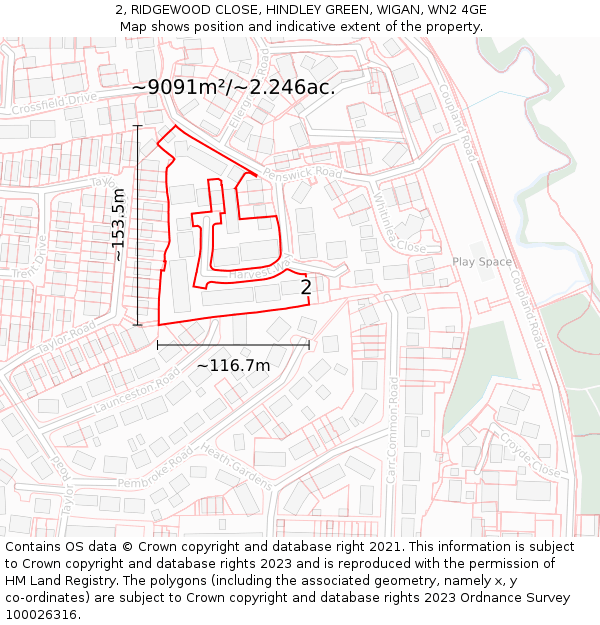 2, RIDGEWOOD CLOSE, HINDLEY GREEN, WIGAN, WN2 4GE: Plot and title map