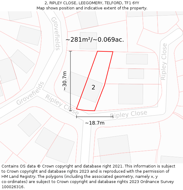 2, RIPLEY CLOSE, LEEGOMERY, TELFORD, TF1 6YY: Plot and title map