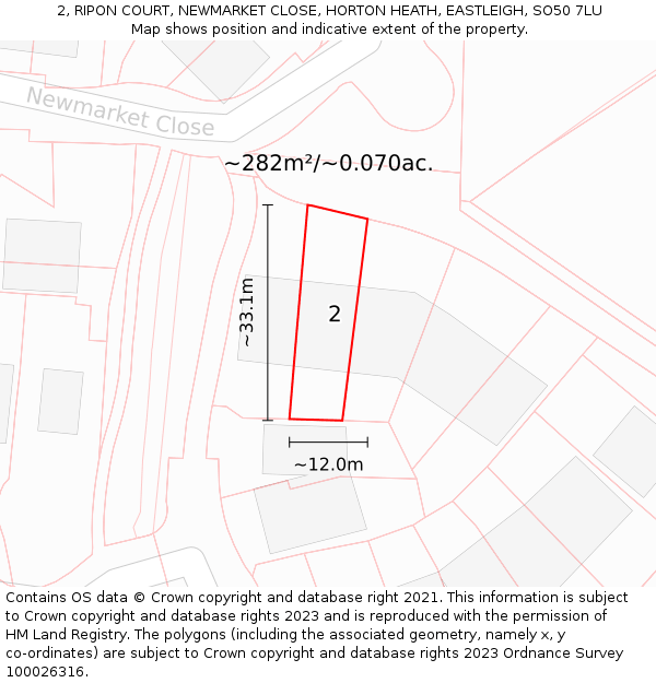2, RIPON COURT, NEWMARKET CLOSE, HORTON HEATH, EASTLEIGH, SO50 7LU: Plot and title map