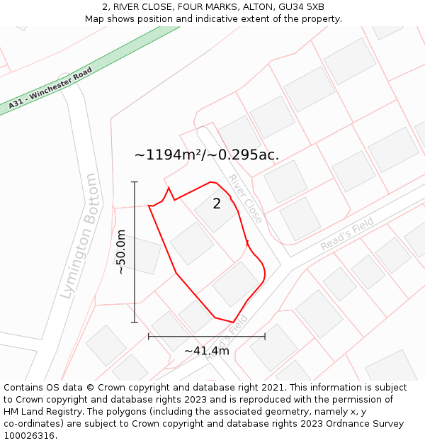 2, RIVER CLOSE, FOUR MARKS, ALTON, GU34 5XB: Plot and title map