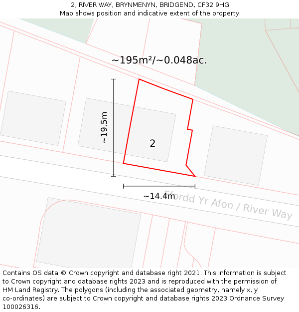 2, RIVER WAY, BRYNMENYN, BRIDGEND, CF32 9HG: Plot and title map