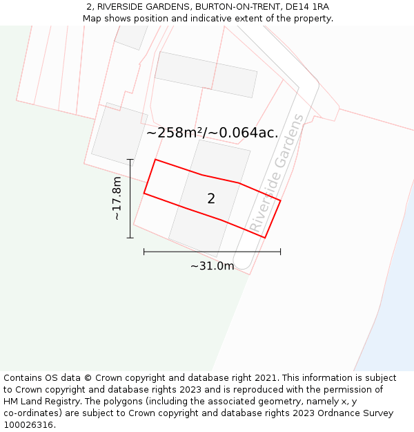 2, RIVERSIDE GARDENS, BURTON-ON-TRENT, DE14 1RA: Plot and title map