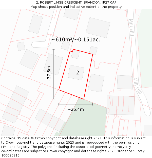 2, ROBERT LINGE CRESCENT, BRANDON, IP27 0AP: Plot and title map