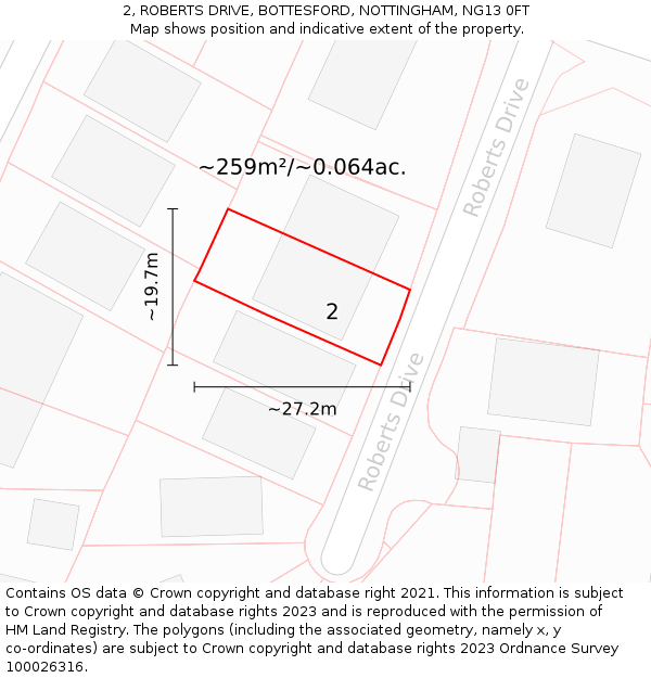 2, ROBERTS DRIVE, BOTTESFORD, NOTTINGHAM, NG13 0FT: Plot and title map