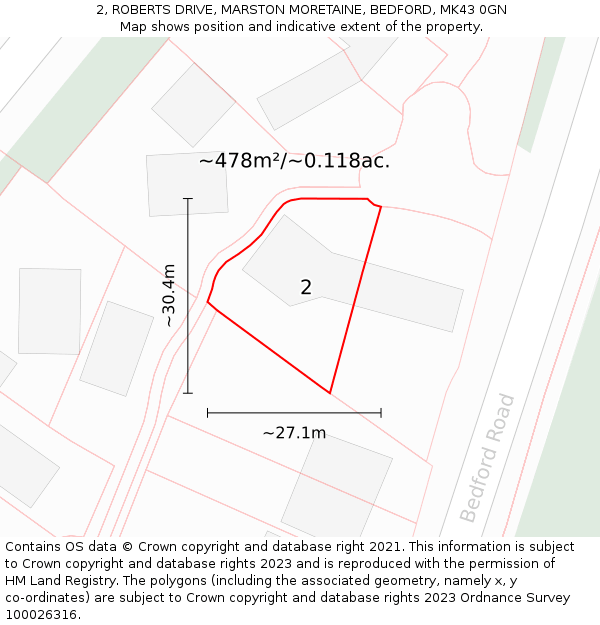 2, ROBERTS DRIVE, MARSTON MORETAINE, BEDFORD, MK43 0GN: Plot and title map